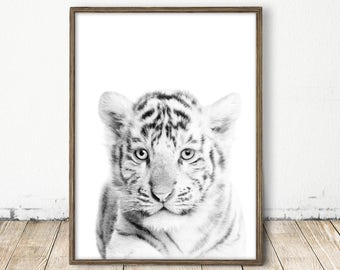 Tiger Cub Print, Baby Tiger Print, Cub Print, White Tiger Print, Peekaboo Nursery Art, Baby Animal Nursery Art, Black and White Tiger Print