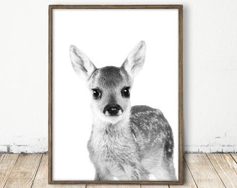 deer print, deer art, printable deer, baby deer art, baby deer print, black and white animal print, woodland print, woodland art, wall art