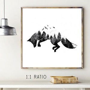 May include: Black and white framed art print featuring a fox silhouette filled with a forest scene and birds. The artwork is displayed on a white background with the text "1:1 RATIO" at the bottom. The print is in a wooden frame.
