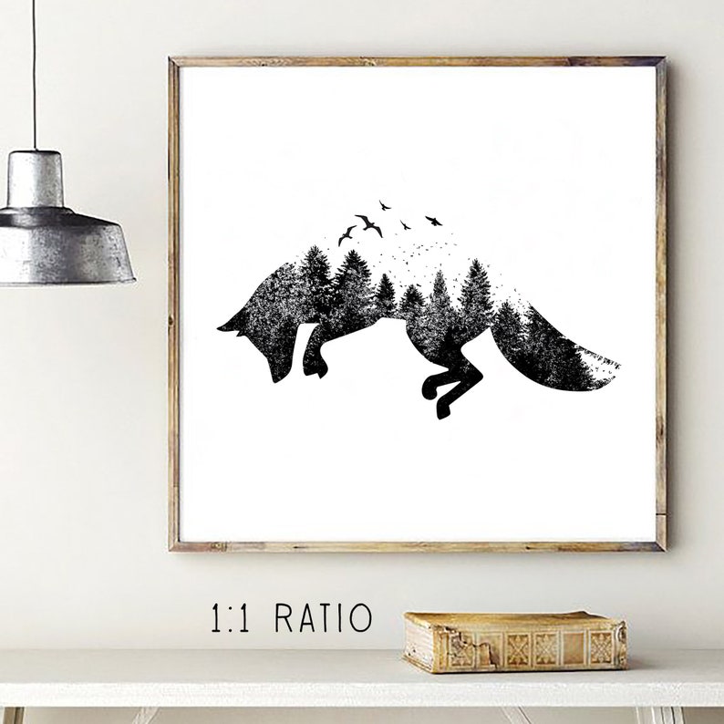 May include: Black and white framed art print featuring a fox silhouette filled with a forest scene and birds. The artwork is displayed on a white background with the text "1:1 RATIO" at the bottom. The print is in a wooden frame.