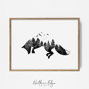 May include: A framed art print featuring a black silhouette of a fox with a forest and birds incorporated into its design. The artwork is set against a white background and framed in a light brown wooden frame. The text "Northern Edge Prints" is at the bottom.