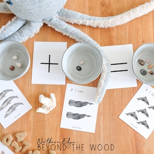 May include: A wooden table with a gray octopus plush toy, three bowls, and cards with numbers and pictures of whales and sharks. The bowls contain small seashells. The cards have the words "three", "two", and "five" written on them. The text "Northern Edge Beyond The Wood" is visible on the table.