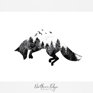 May include: Black and white illustration of a fox silhouette filled with a forest scene and birds flying above. The fox is running across the image. The text "Northern Edge Prints" is at the bottom.