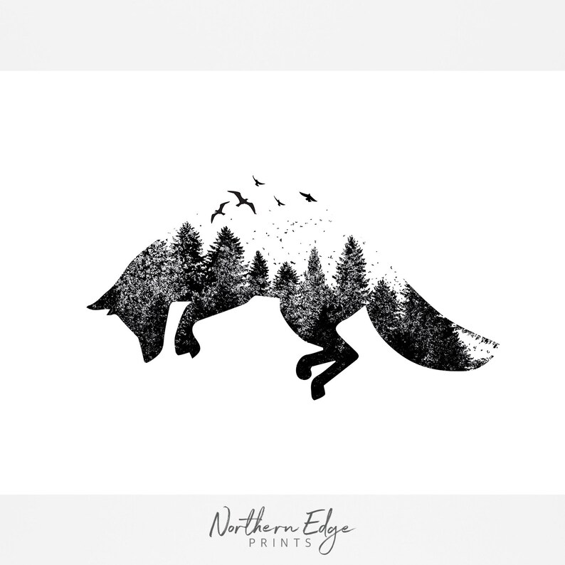 May include: Black and white illustration of a fox silhouette filled with a forest scene and birds flying above. The fox is running across the image. The text "Northern Edge Prints" is at the bottom.