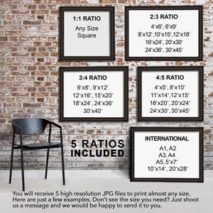 May include: Five framed prints showcasing different aspect ratios: 1:1, 2:3, 3:4, 4:5, and International sizes. Each frame displays size examples in inches. The text "5 RATIOS INCLUDED" is prominently displayed. The background is a brick wall.