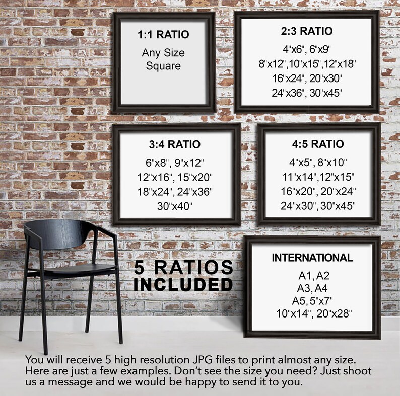 May include: Five framed prints showcasing different aspect ratios: 1:1, 2:3, 3:4, 4:5, and International sizes. Each frame displays size examples in inches. The text "5 RATIOS INCLUDED" is prominently displayed. The background is a brick wall.