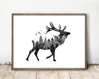elk print, forest print, nature print, nursery nature art, elk art, nursery elk, baby elk art, forest wall art, cute elk art, elk art, decor