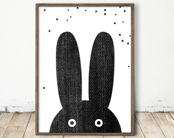 Scandinavian Bunny Nursery Print, Black and White, Nordic Art (Digital Download)