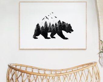 Bear Forest Silhouette Print, Nursery Decor (Digital Download)