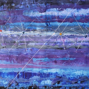 May include: Abstract painting with a textured surface, featuring horizontal bands of blue, purple, and gray. White lines radiate from colorful points, creating a celestial or cosmic theme. The artwork uses thick brushstrokes.