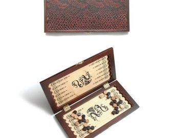 Portable SMALL wood Leather HANDMADE game Backgammon Crocodile 11&quot; 290mm LUXURY Perfect Christmas gift