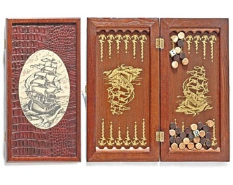 New TRAVEL SMALL wooden Comact FRIGATE Handmade game Backgammon Set 14&quot; Luxury