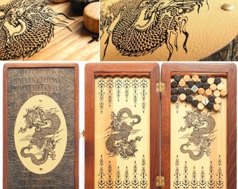 Travel Small Mini wood leather ASIA DRAGON HANDMADE game Backgammon Set 14&quot; 290mm Perfect Christmas gift