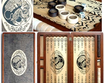 Yin Yang (Tiger vs Dragon ) + VERY BIG Natural wood leather HANDMADE game Backgammon 21&quot;x22&quot; 570mm