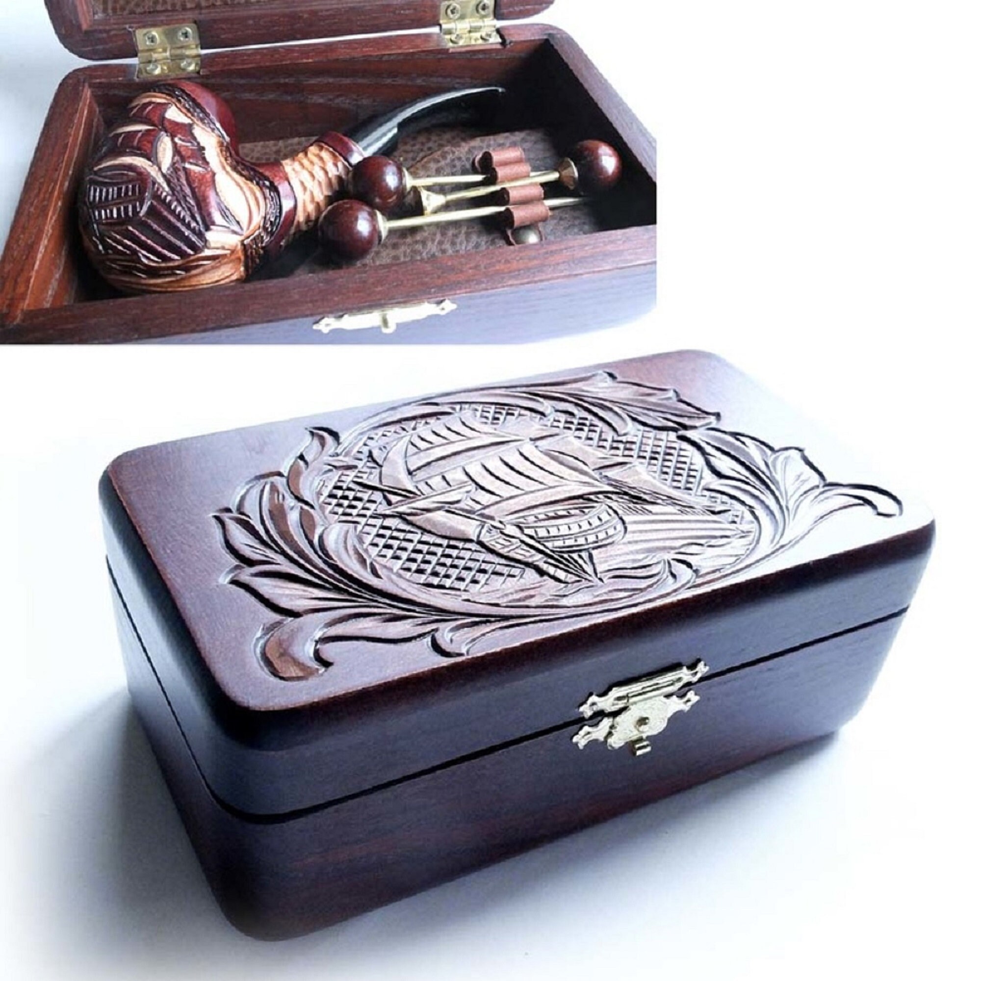 HANDMADE Flying Dutchman SET Smoking Tobacco carved pipe SHIP in Natural wooden Box + cleaning Tools accessories