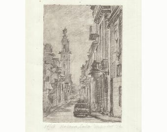 Signed Original Cityscape Etching: Study of Colonial Street - 14of15 on 100% Cotton French Laid Paper by Onelio Marrero