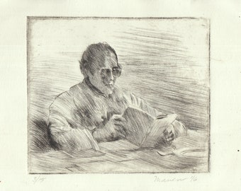 Signed original Etching Intaglio Drypoint Print: &quot;Papi&quot; portrait of the artist&#39;s father by Onelio Marrero