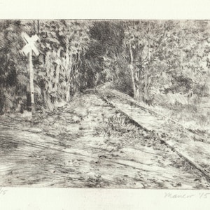 May include: A black and white etching of a railroad crossing with a sign that reads "Railroad Crossing". The image is a landscape view of a railroad track that disappears into the distance. The track is surrounded by trees and foliage.
