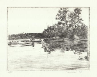 Signed Original Drypoint Print (similar to etching): Canoeist Landscape 6x8&quot; on 100% cotton French Laid paper by Onelio Marrero