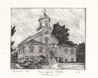 Signed Original Intaglio etching: &quot;Rockaway Theatre&quot; 4x5&quot; 100% cotton paper by Onelio Marrero