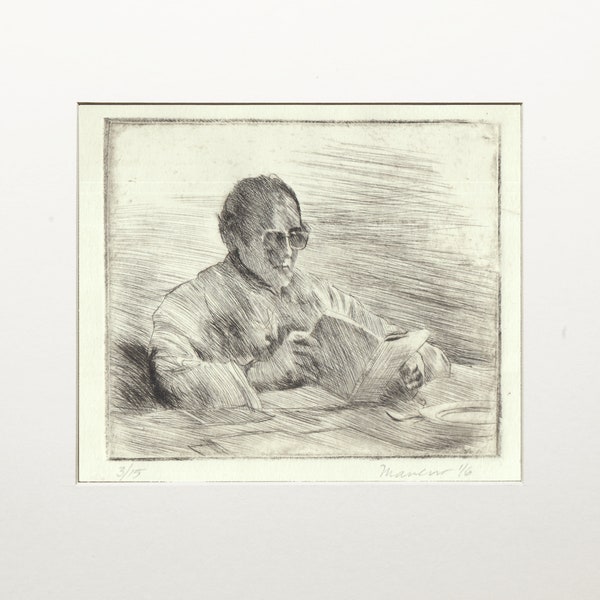 Matted & Signed original Etching Intaglio Drypoint Print: "Papi" portrait of the artist's father by Onelio Marrero