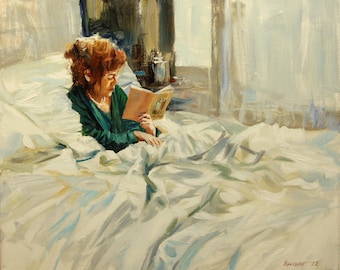 Signed original Oil Painting: &quot;My Wife&quot; woman reading in bed on stretched (interior Portrait&quot; 16&quot;x20&quot; Cotton Canvas C.O.A. by Onelio Marrero