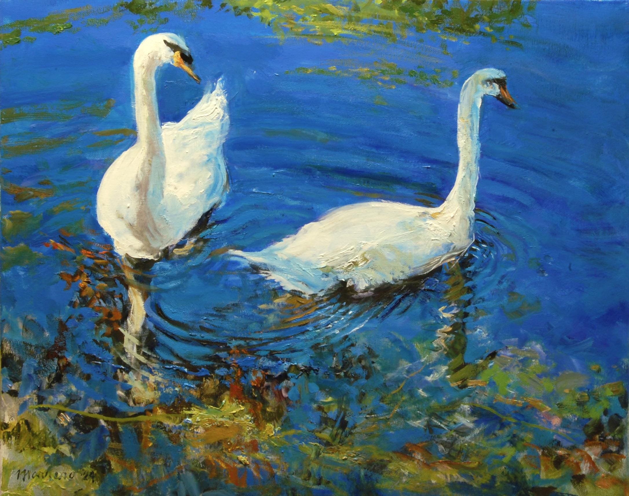 Signed original Oil Painting: "Two Swans" on stretched 16"x20" Cotton Canvas by Onelio Marrero with signed C.O.A.