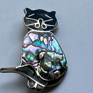 Mexican Silver and Abalone Cat Brooch