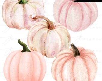 Fall Pink Floral Pumpkins Watercolor Clipart- Autumn Pumpkin Floral PNG Download File