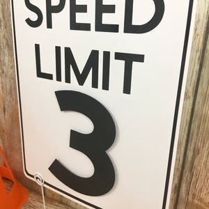 May include: White speed limit sign with black text and border. The sign reads "SPEED LIMIT 3".