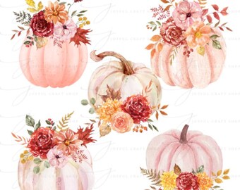 Fall Pink Floral Pumpkins Watercolor Clipart- Autumn Pumpkin Floral PNG Download File