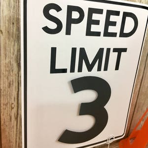 May include: White speed limit sign with black text and border. The sign reads "SPEED LIMIT 3".