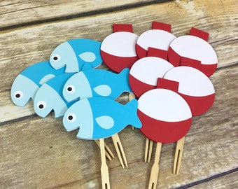 Fishing Birthday Cupcake Toppers, Fish Toppers, Float Bobbers, Fishing Party, Birthday Decor, Baby Shower Decor