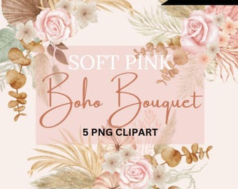 Soft Pink Boho Floral Bouquets Clipart, Boho Bouquet, Boho Floral, PNG Download File