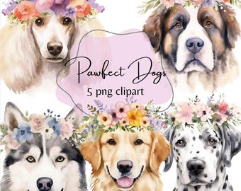Beautiful Dogs with Floral Crown Clipart, Dogs Clipart, Floral Crown, PNG Download File