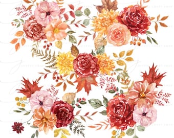 Fall Pink Floral Pumpkins Watercolor Clipart- Autumn Pumpkin Floral PNG Download File