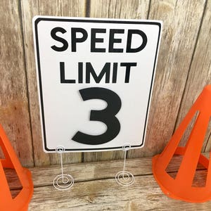 May include: White speed limit sign with black text that reads "SPEED LIMIT 3". The sign is on a white stand with a spiral base. Two orange traffic cones are on either side of the sign.