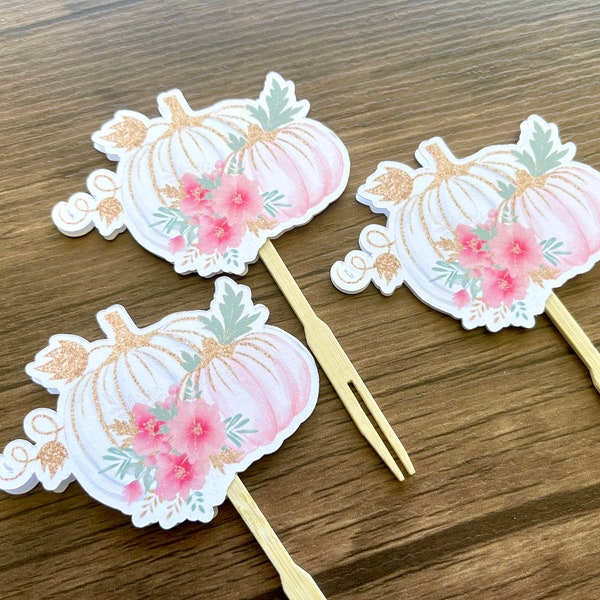 Pastel Pink and Gold Pumpkin Cupcake Toppers, Little Pumpkin Toppers, Fall Baby Shower, Fall Birthday