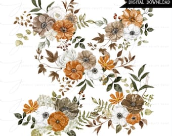 White and Brown Floral Bouquets, Watercolor Clipart- Autumn Pumpkin Floral PNG Download File