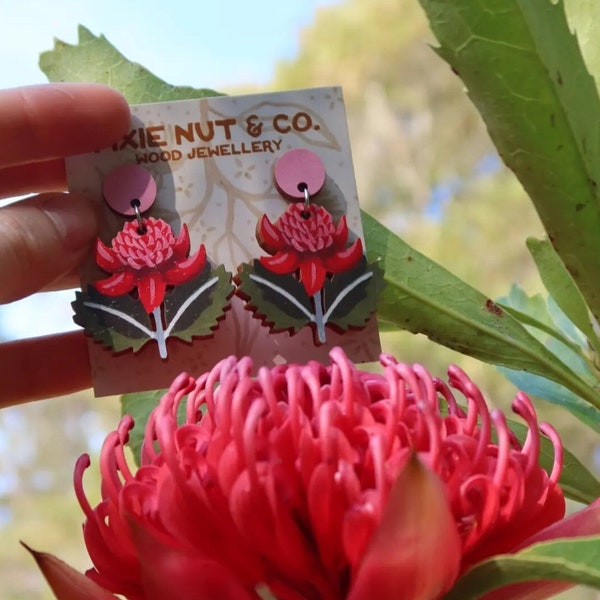 Australian Waratah Flora Native Wildflower Wood Earrings Eco