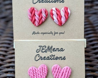 Knit Sweater Clay Heart Stud Earrings, Valentine's Day Gift for Girlfriend, Galentine's Day Earrings, Pink Heart Jewelry, Red Woven Earrings