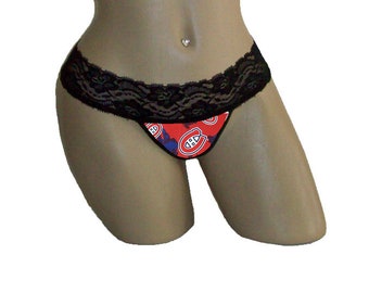 Montreal Canadiens Sexy Black Lace G-String Thong Panties Lingerie - MADE with LICENSED Cotton Fabric - Order Lined or Unlined