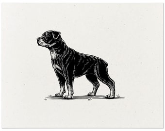 Impresión artística de perro rottweiler: serigrafía vintage estilo xilografía, regalo de decoración para el hogar para amantes de los perros.