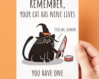 Funny Cat Halloween Card, Nine Lives Black Cat Card, Cat Witch Halloween Card, Spooky Cat Card, Halloween Card for Cat Lover, Black Cat Card