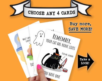 Funny Halloween Card, Set of Halloween Cards, Halloween Card, Funny Holiday Card, Pumpkin Halloween Card, Frankenstein Card, Black Cat Card