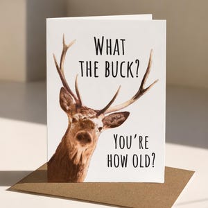 May include: A white greeting card featuring a brown deer with antlers and the black text WHAT THE BUCK? YOU'RE HOW OLD? The card is positioned upright on a brown envelope, displaying a clear, high-contrast design with a focus on the animal graphic.