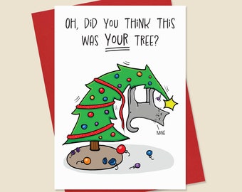 Cute Christmas Card, Cat Christmas Card, Cat in Tree Christmas Card, Christmas Tree Christmas Card, Adorable Cat Card
