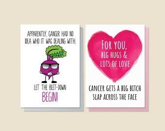 TWO CARD SET - Funny Cancer Card, Cancer Encouragement Card, Beat Cancer Card, Cancer Card, Cancer Sucks Card, Bitch Slap Card