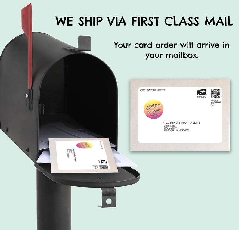 May include: A black metal mailbox with a red flag, containing a white envelope with a circular sticker that reads HOORAY! YOUR CARD ORDER HAS ARRIVED. A second identical envelope is shown to the right with a USPS postage label and address.