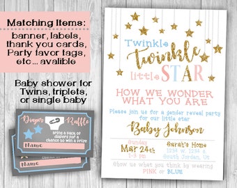 Twinkle twinkle little star baby gender reveal invitation theme printable baby shower digital download in pink & blue , gender reveal party